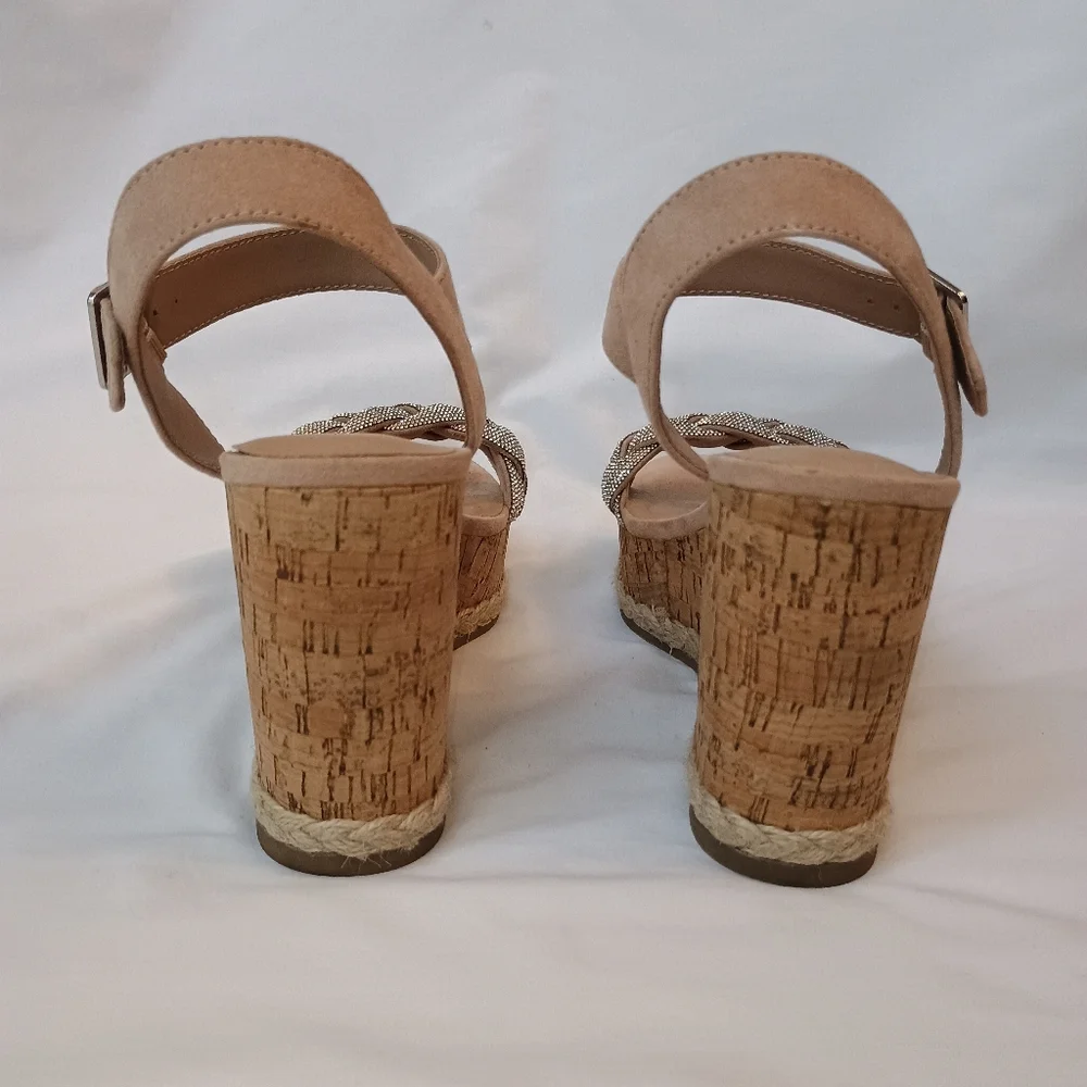 Madden NYC Wedge Sandals Womens 8.5 Braided Rhinestone Blush Buckle Ankle Strap